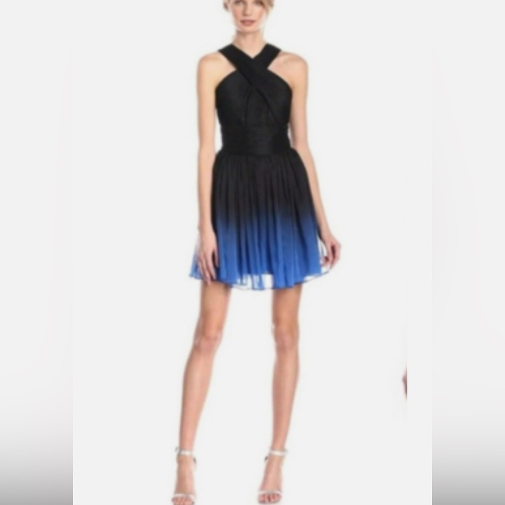 HALSTON Heritage  Black/Cobalt Blue Ombre Formal Mini Halter Size 6, Worn Once